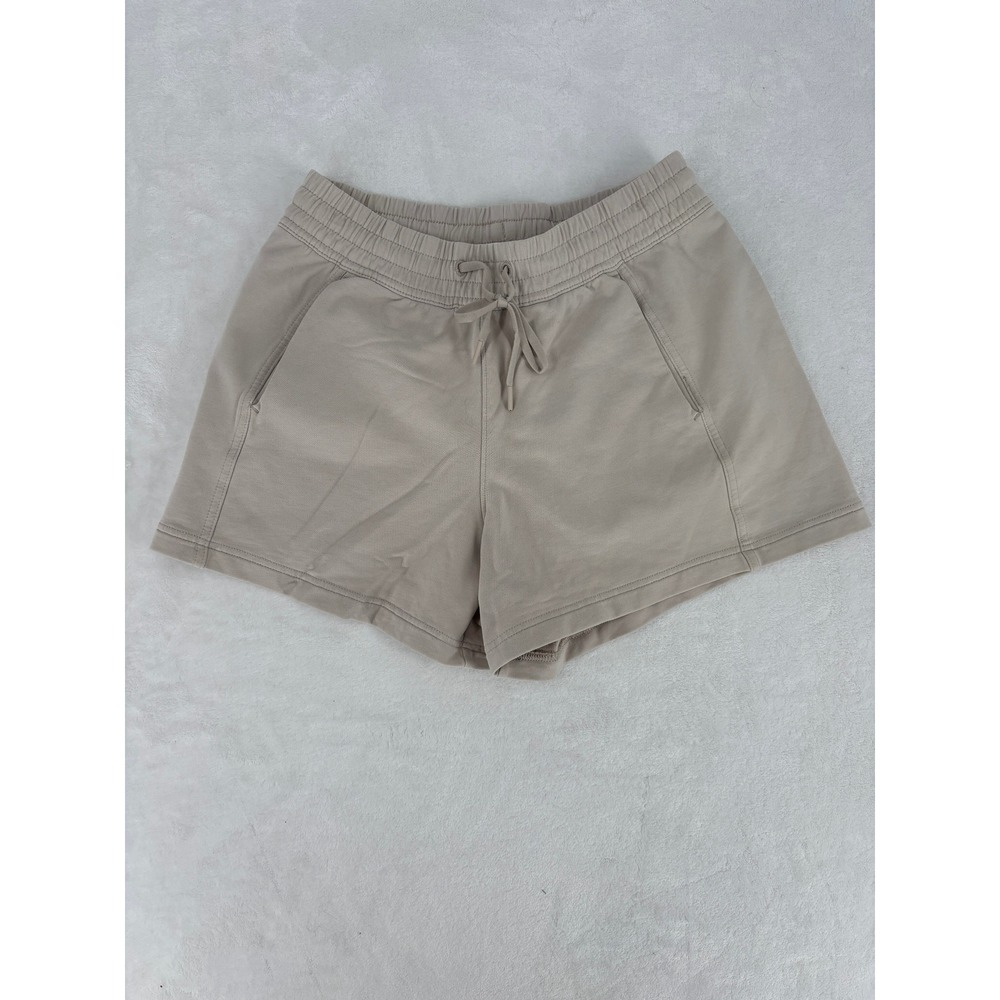 Athleta Cozylux Sweat Shorts Size XS Tan Beige Drawstring Zip Pocket Casual